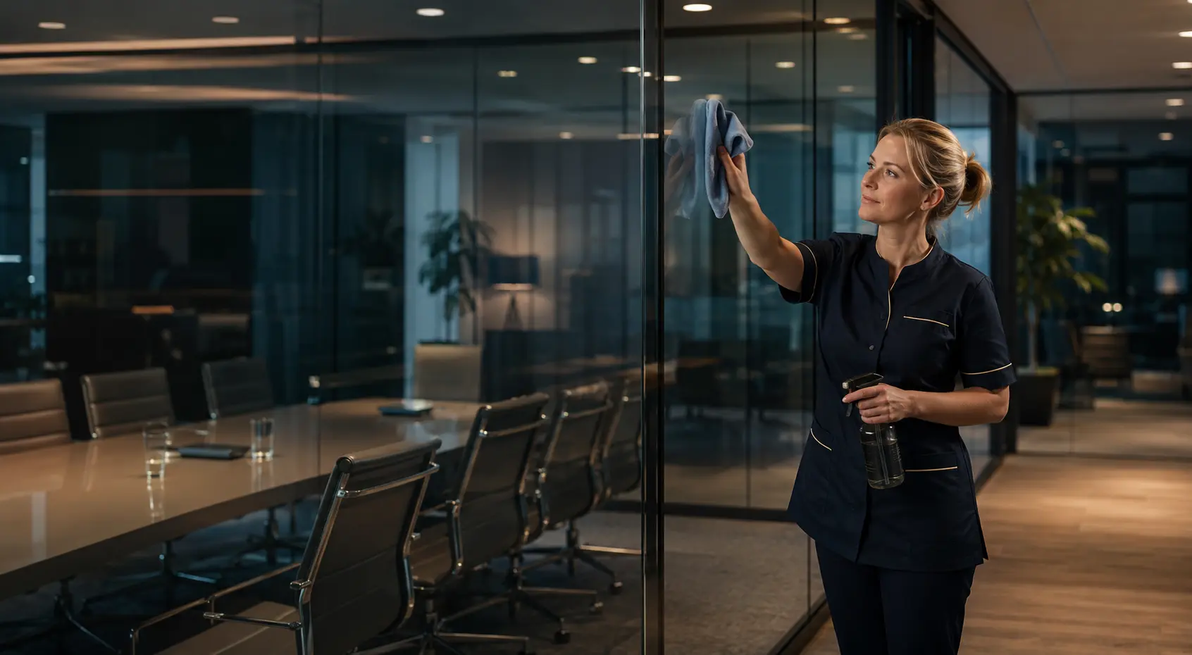 Professional cleaner in a polished modern office
